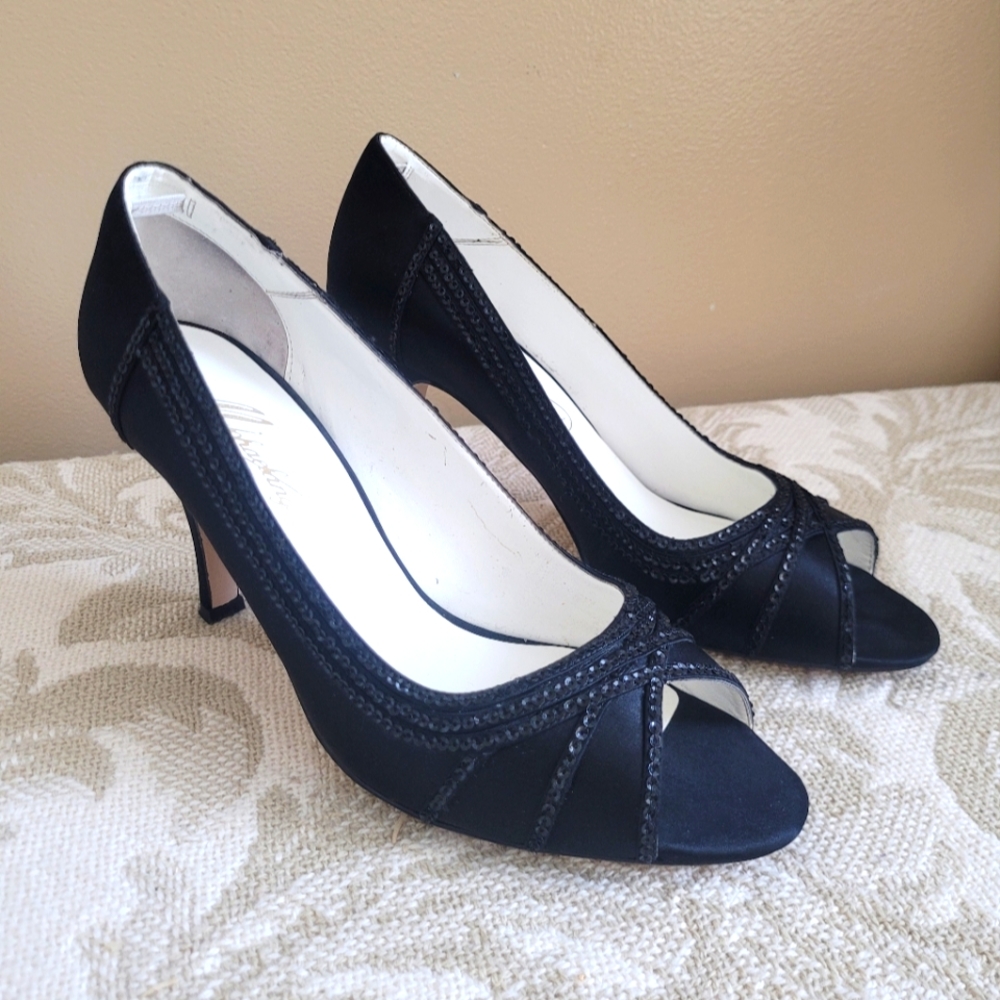 Michaelangelo |  Black Peep Toe Formal High Heels Sequined Satin 8